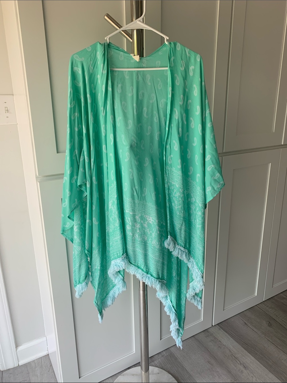 Lagaci Mint Green Paisley Fringe Kimono Cover-Up